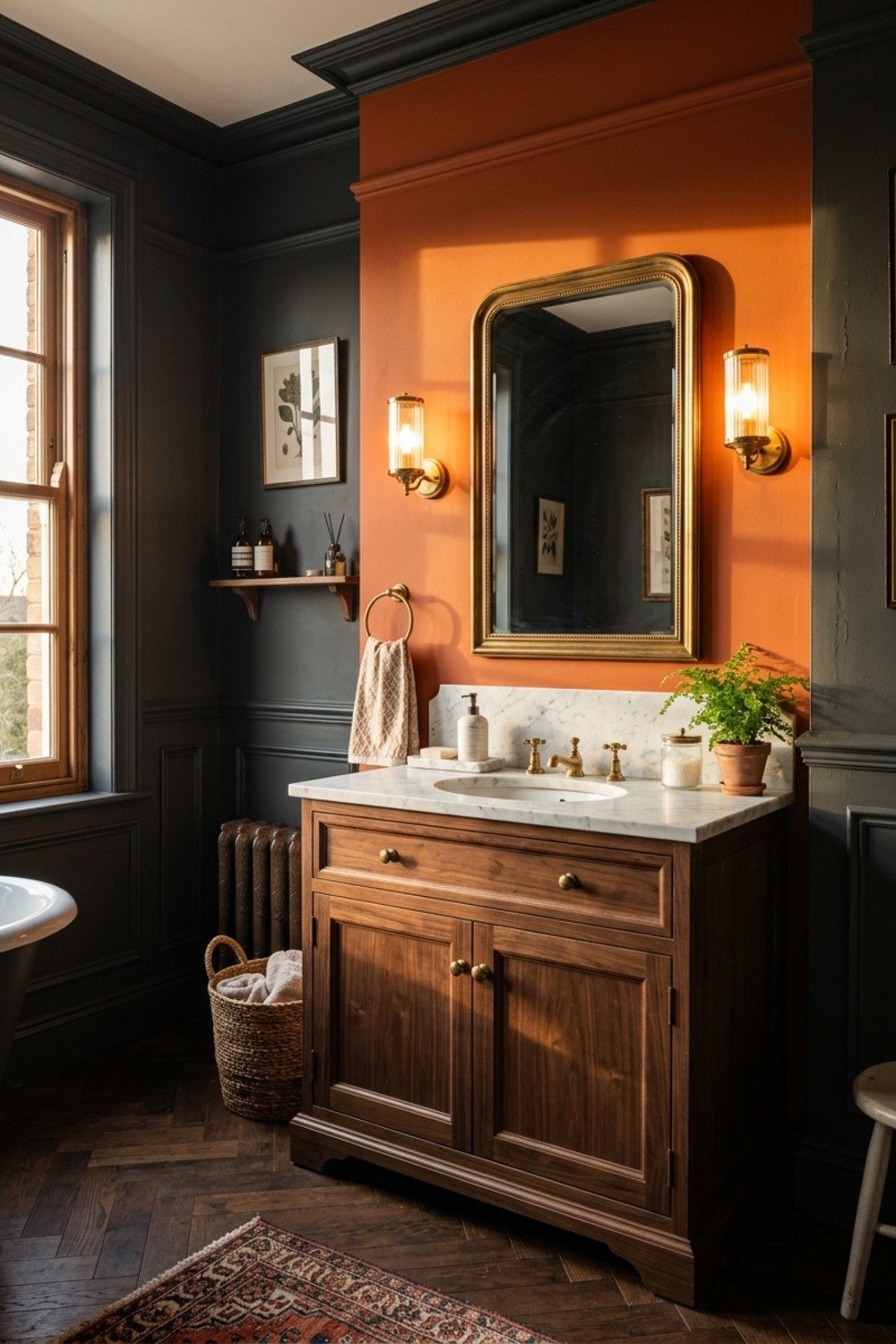 25. Burnt orange behind the vanity