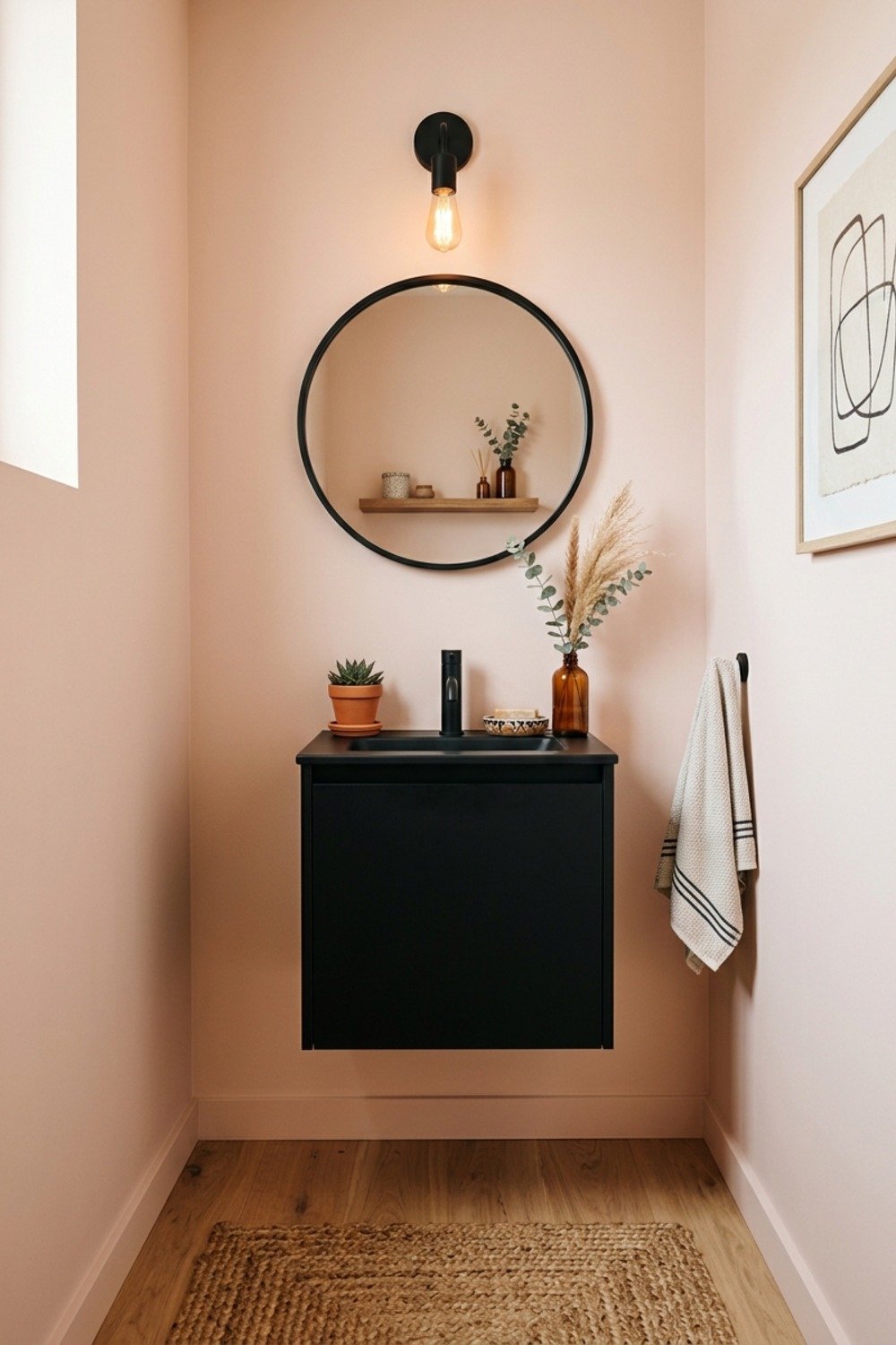 7. Matte black in a tiny powder room