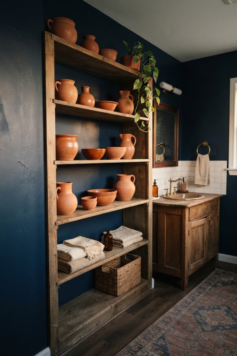 8. Terracotta clay near open shelving