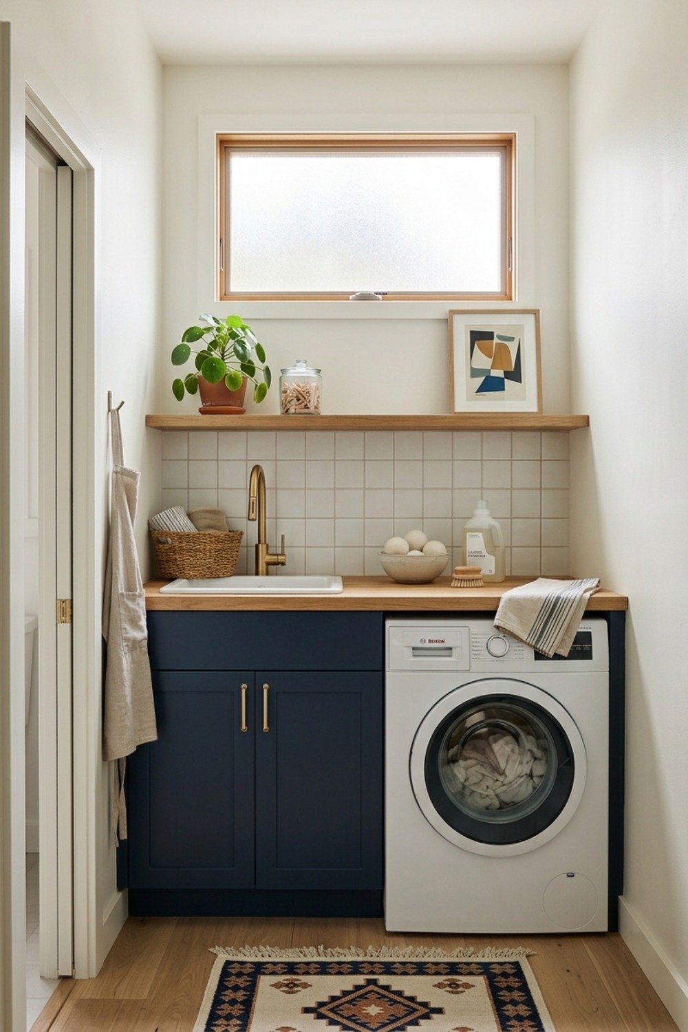 29 Small Laundry Room Ideas: 1. Hale Navy cabinets under White Dove walls