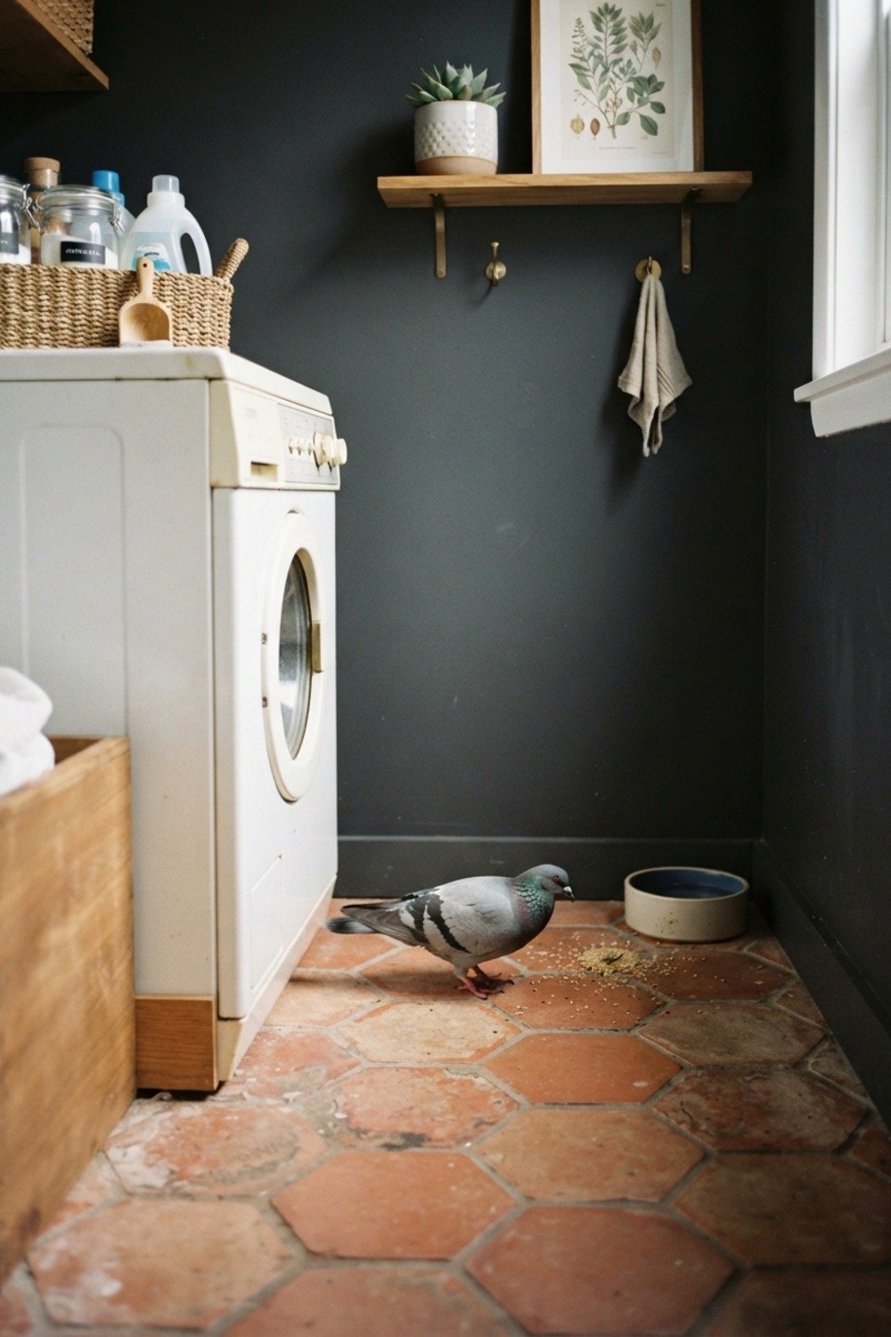 11. Pigeon beside terracotta floor tile