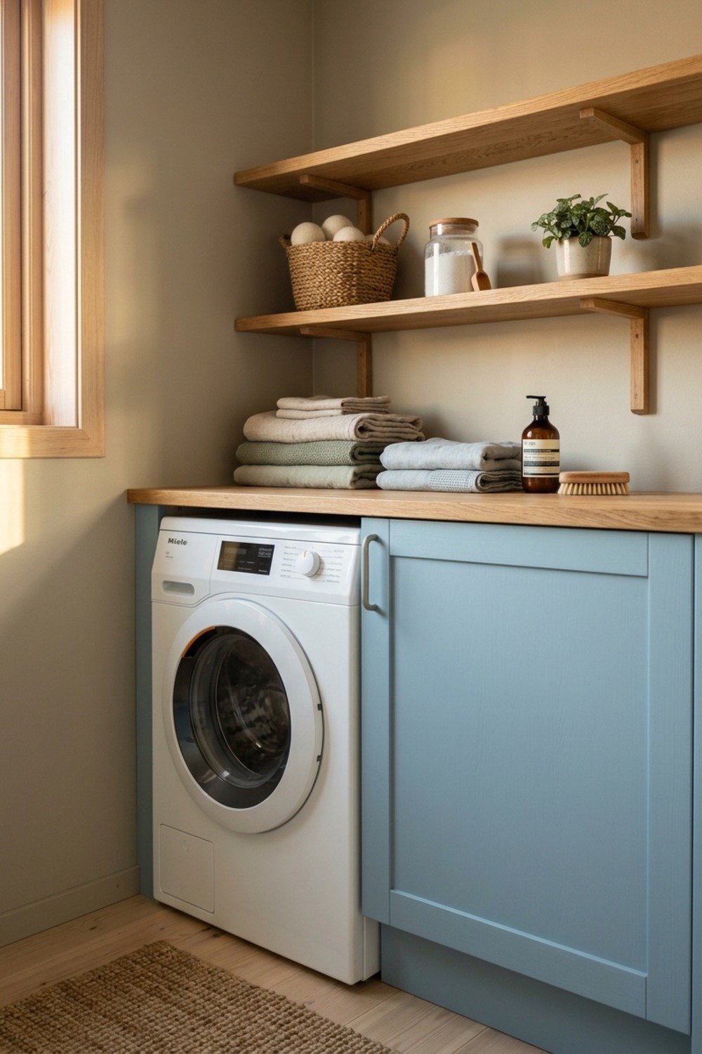 9. Palladian Blue with oak shelves