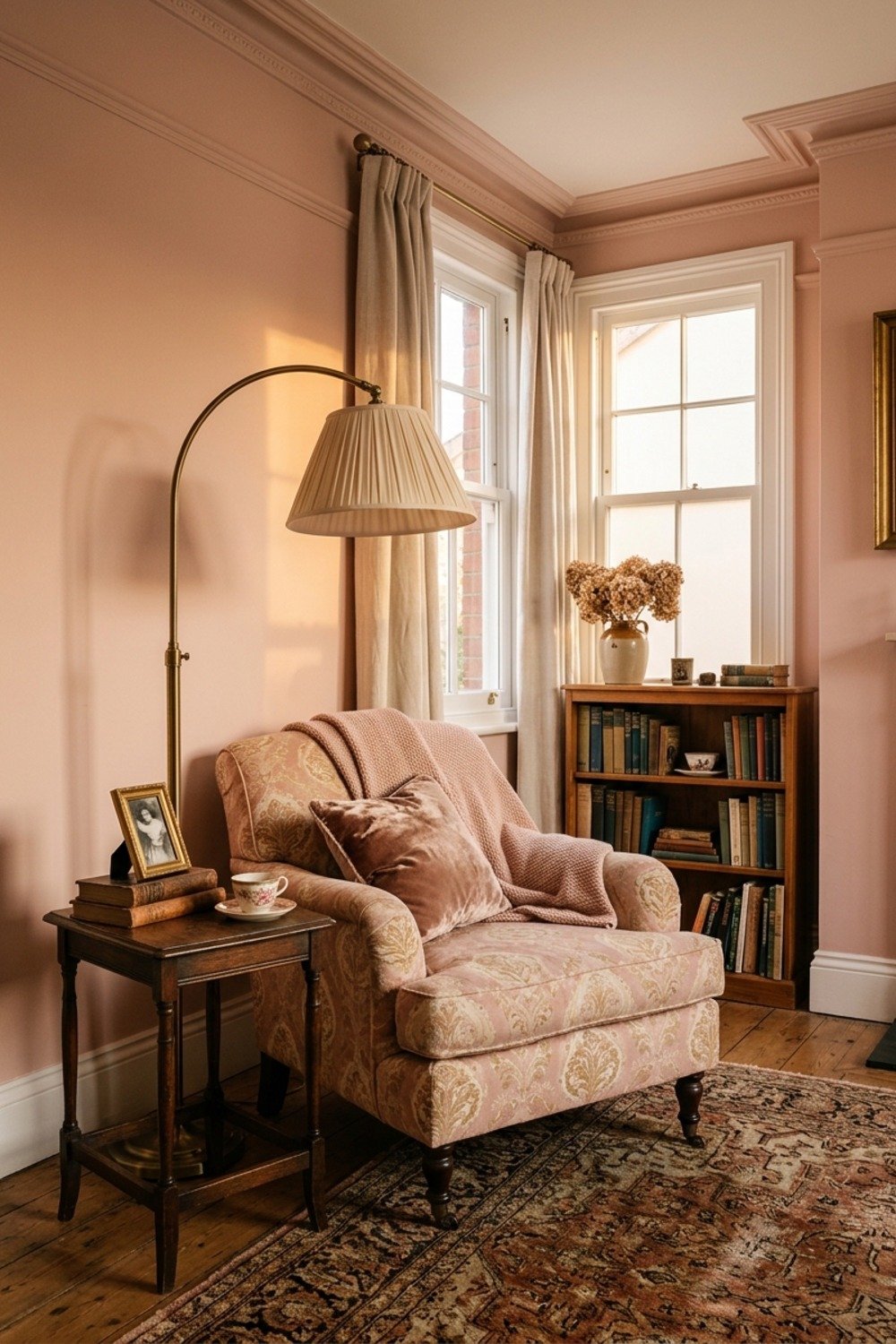 15. An arc floor lamp over the seating