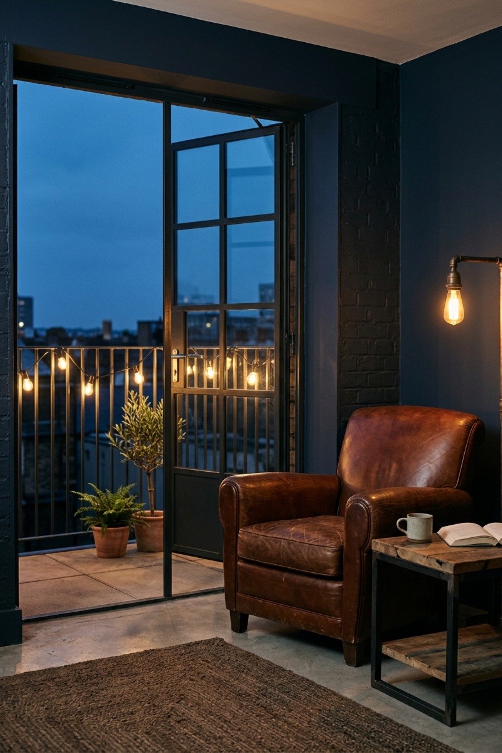 31 Small Balcony Decor Ideas: 1. One warm string of light, and nothing else glowing