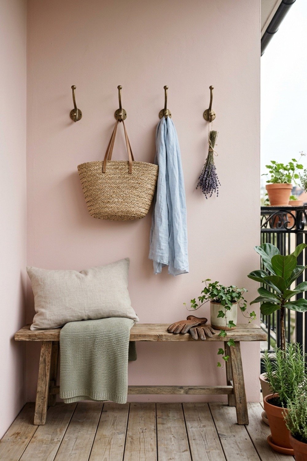 13. Hooks on the wall, not a shelf unit