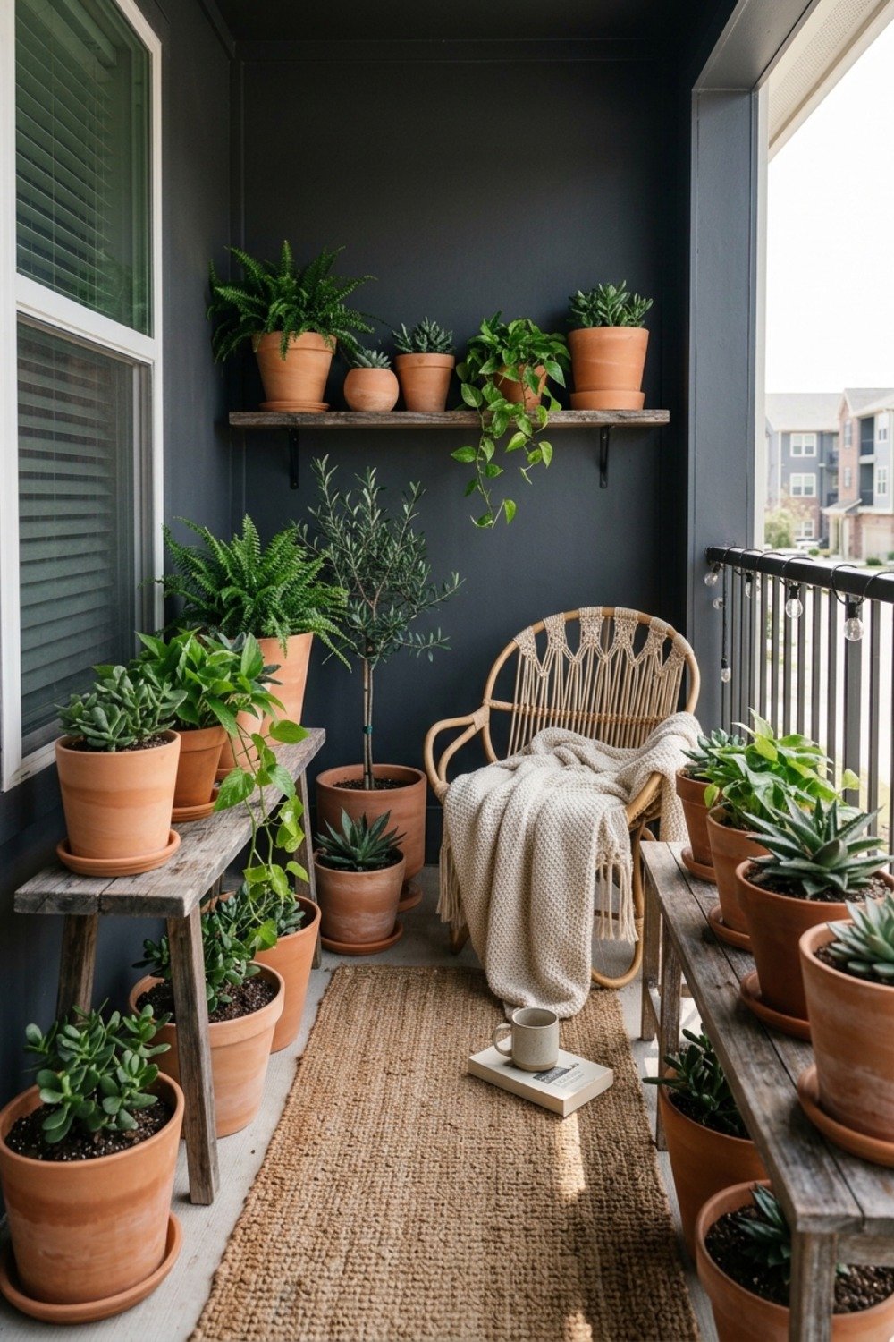 31 Small Balcony Decor Ideas: 2. A planting scheme with one color