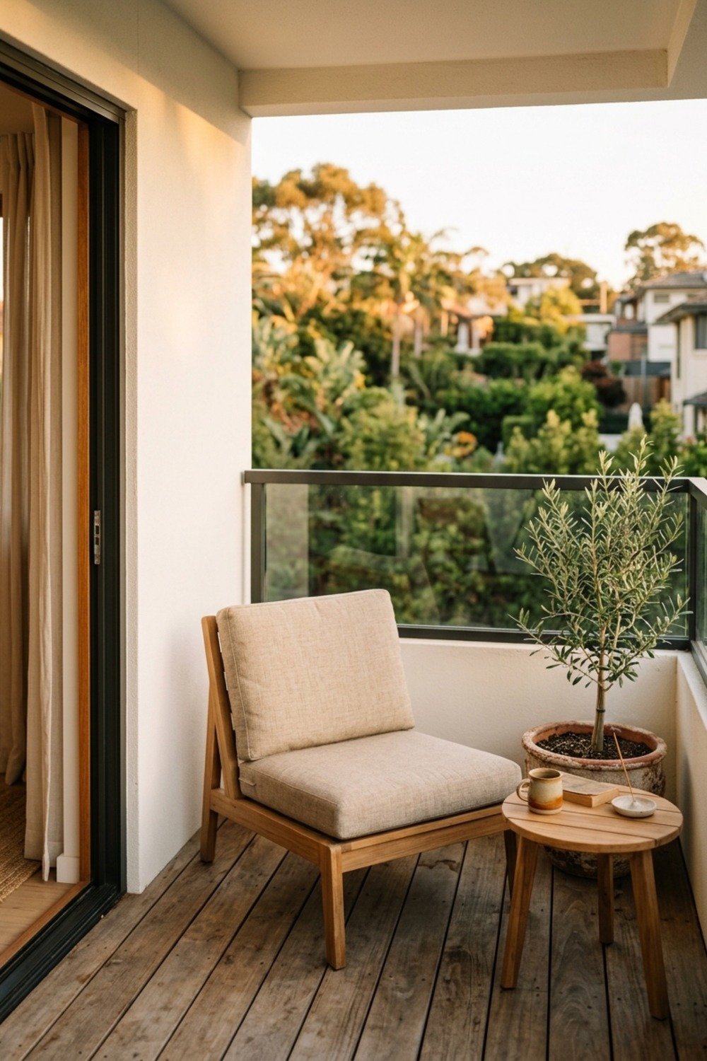 8. Teak, acacia, or powder-coated aluminum, and little else