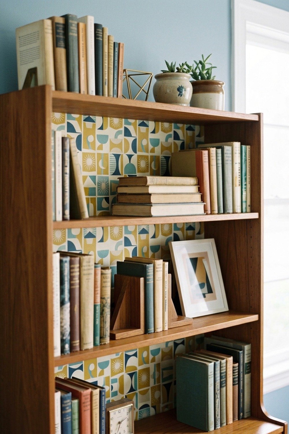 28. Line the back of a shelf with peel-and-stick wallpaper