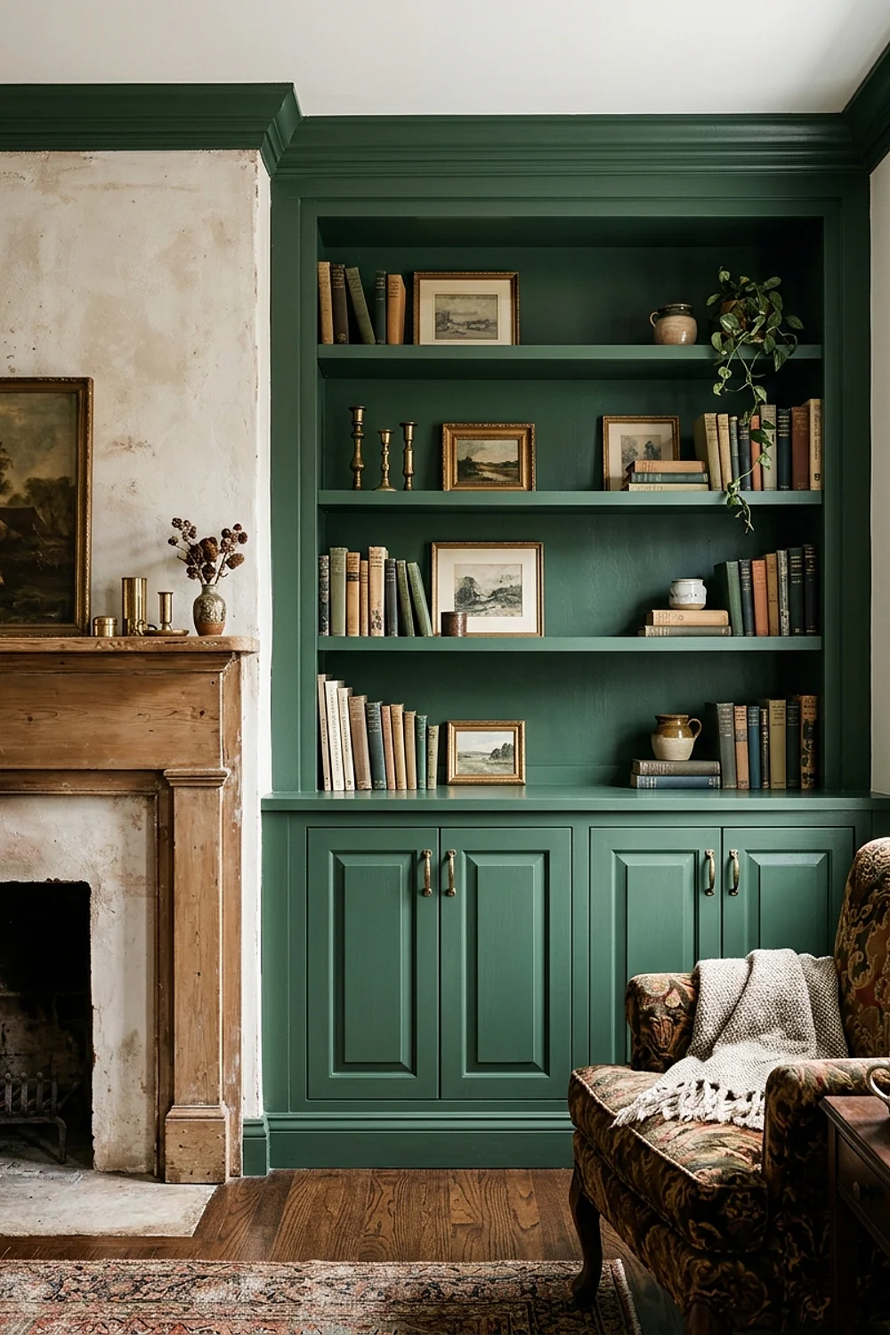 Built-in cabinets flanking the chimney breast