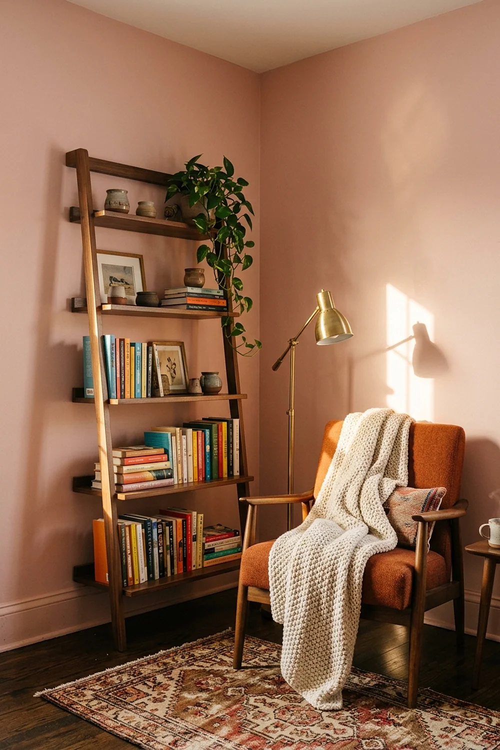 Ladder shelf tucked into the corner