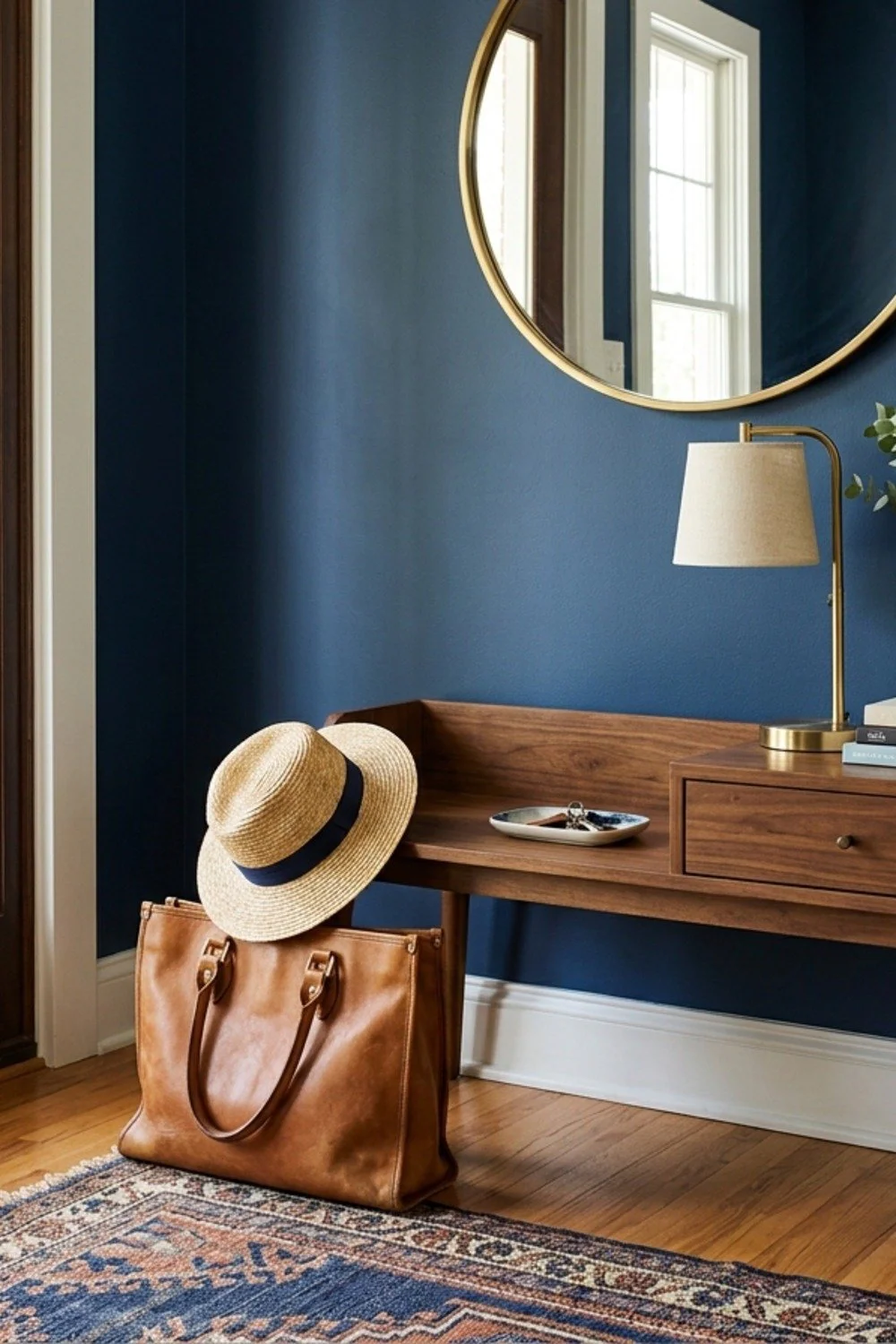 Leather tote and a straw hat