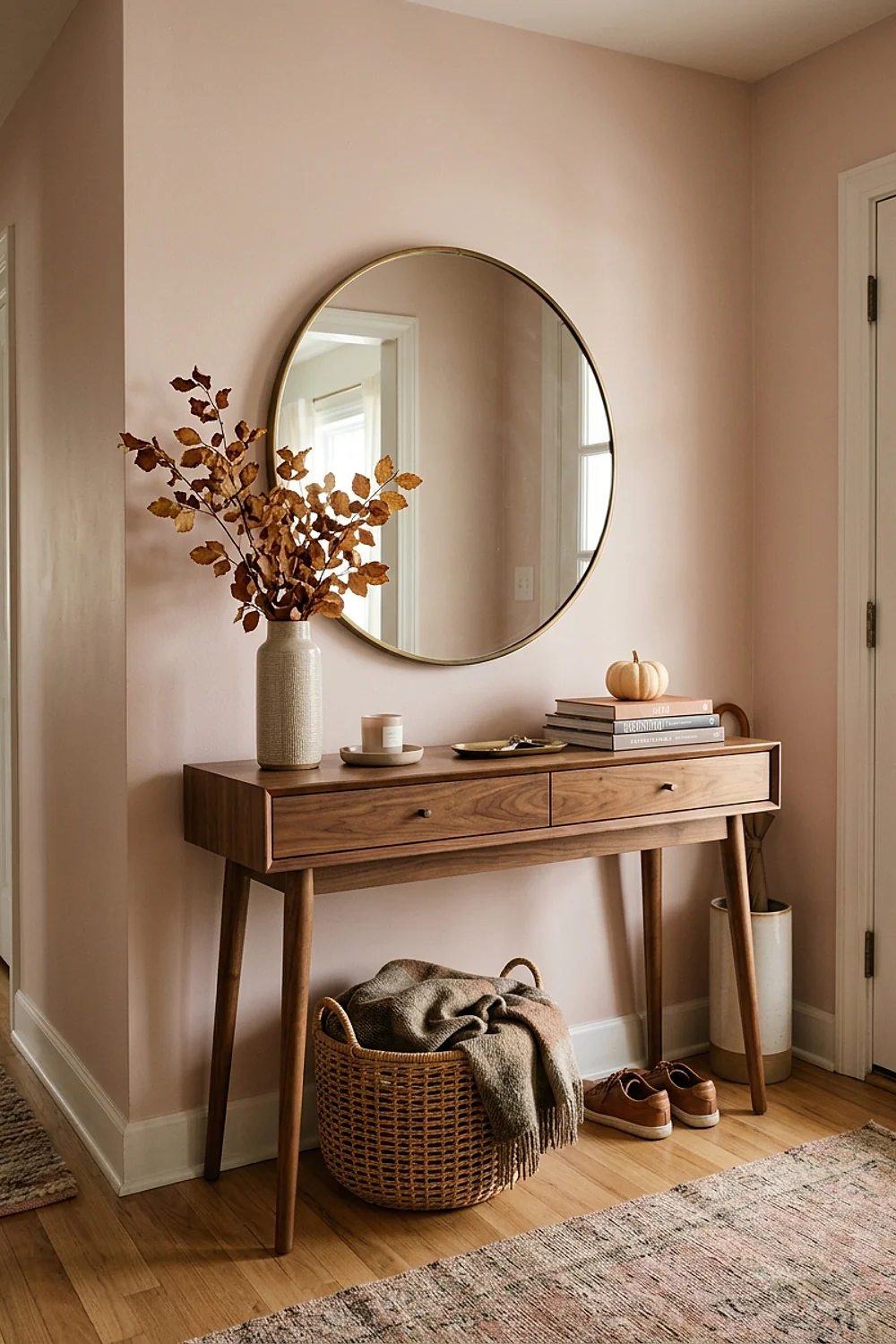 Brass mirror above a walnut console