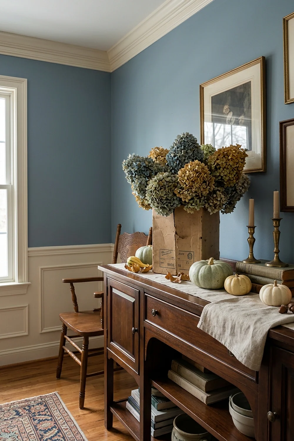 Dried hydrangeas stored upright