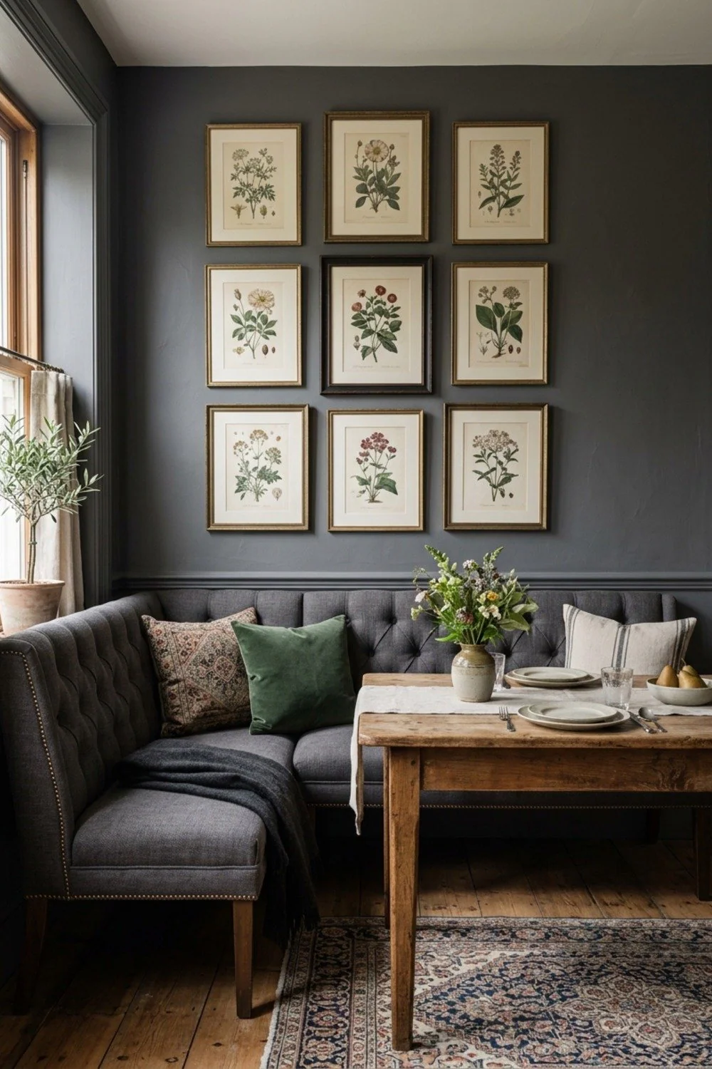Botanical prints above a kitchen banquette