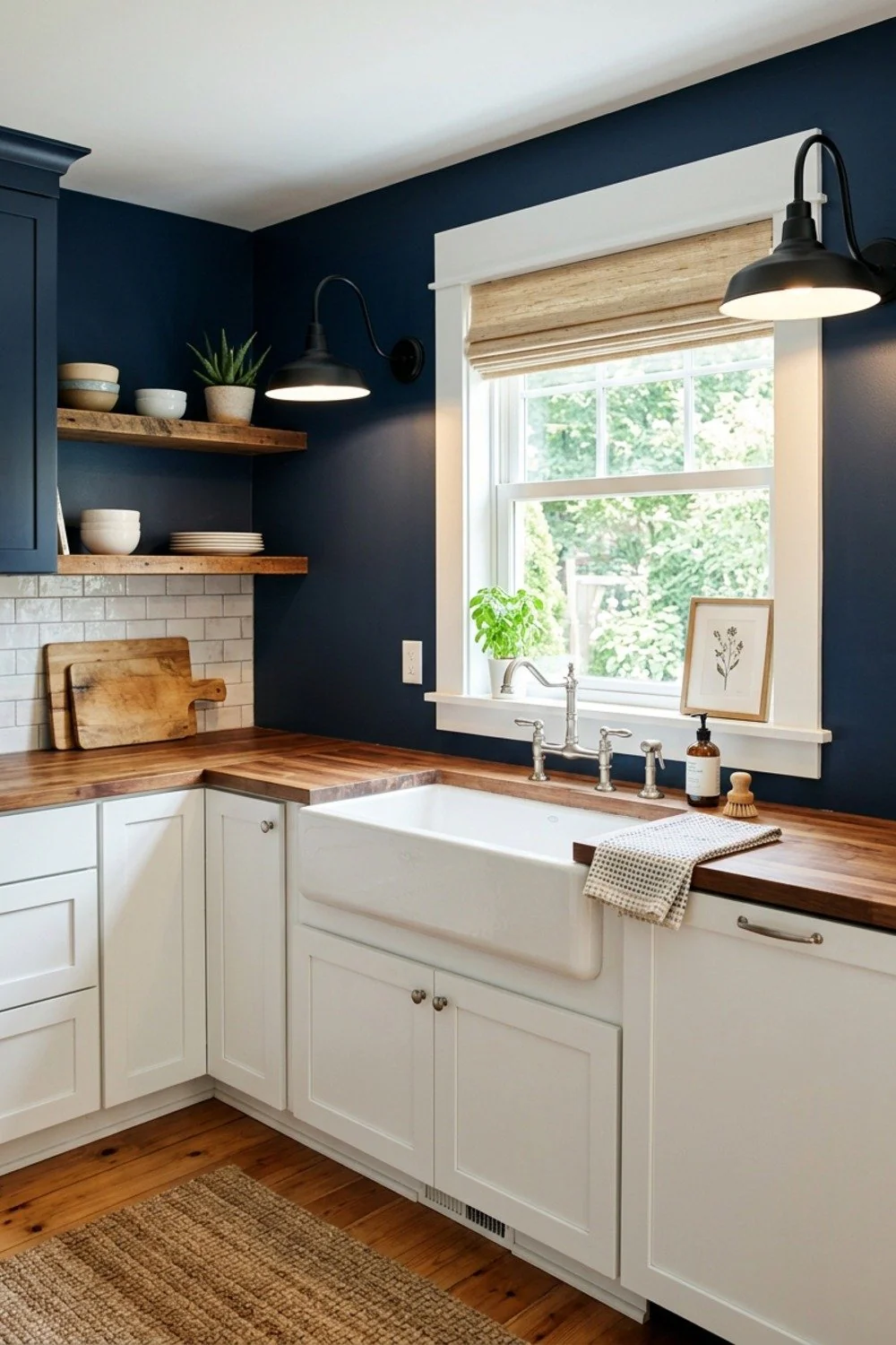 Gooseneck barn lights flanking the sink