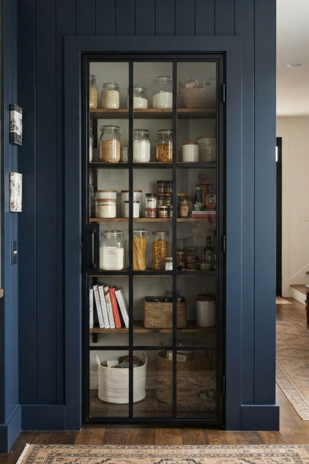 Black steel-framed pantry door