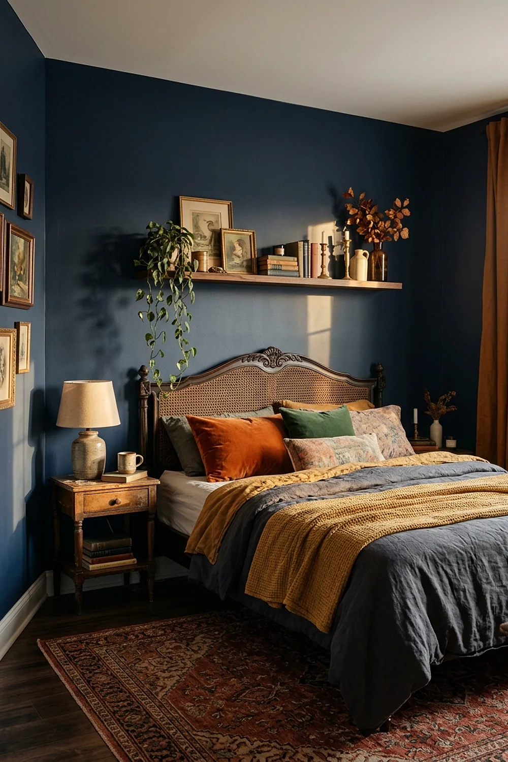 Narrow floating shelf above the headboard