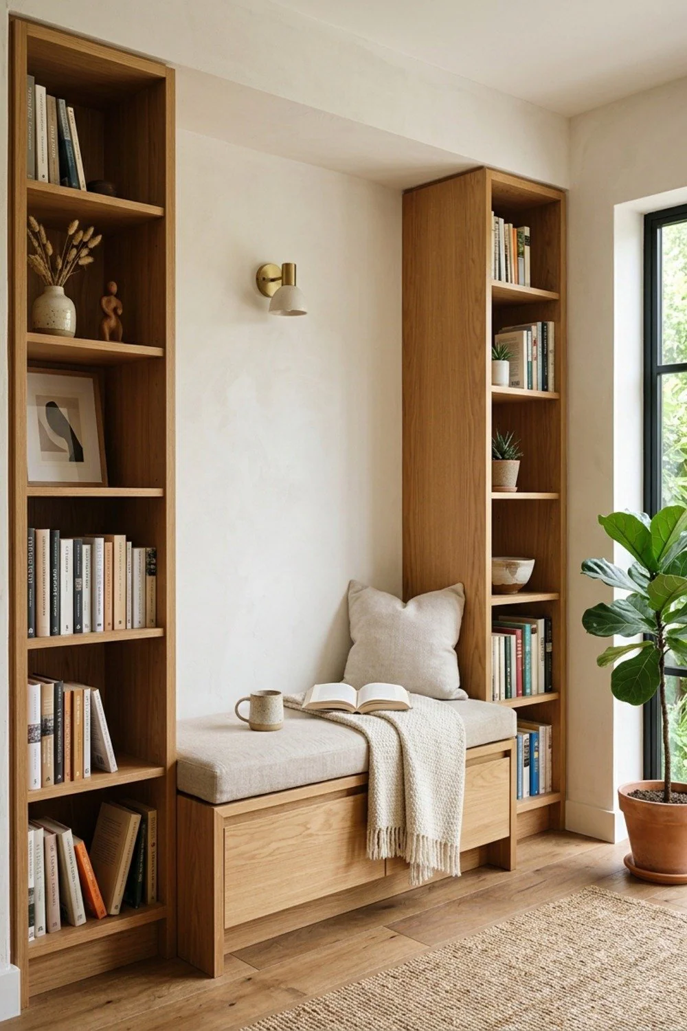 Built-in bench between bookcases